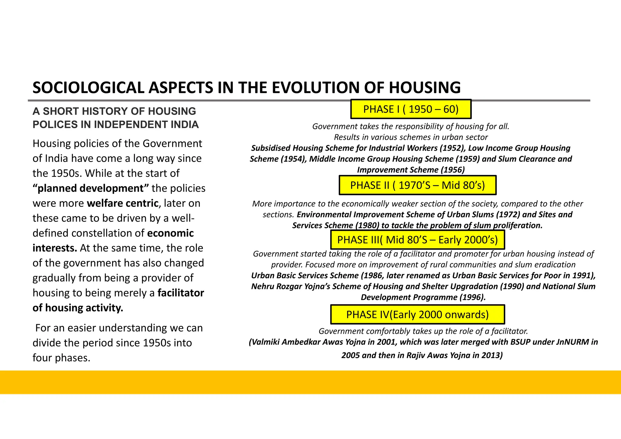 SOCIOLOGICAL ASPECTS IN THE EVOLUTION OF HOUSING
Housing policies of the Government
of India have come a long way since
the 1950s. While at the start of
“planned development” the policies
were more welfare centric, later on
these came to be driven by a well-
defined constellation of economic
interests. At the same time, the role
of the government has also changed
gradually from being a provider of
housing to being merely a facilitator
of housing activity.
For an easier understanding we can
divide the period since 1950s into
four phases.
A SHORT HISTORY OF HOUSING
POLICES IN INDEPENDENT INDIA
PHASE I ( 1950 – 60)
Government takes the responsibility of housing for all.
Results in various schemes in urban sector
Subsidised Housing Scheme for Industrial Workers (1952), Low Income Group Housing
Scheme (1954), Middle Income Group Housing Scheme (1959) and Slum Clearance and
Improvement Scheme (1956)
PHASE II ( 1970’S – Mid 80’s)
More importance to the economically weaker section of the society, compared to the other
sections. Environmental Improvement Scheme of Urban Slums (1972) and Sites and
Services Scheme (1980) to tackle the problem of slum proliferation.
PHASE III( Mid 80’S – Early 2000’s)
Government started taking the role of a facilitator and promoter for urban housing instead of
provider. Focused more on improvement of rural communities and slum eradication
Urban Basic Services Scheme (1986, later renamed as Urban Basic Services for Poor in 1991),
Nehru Rozgar Yojna’s Scheme of Housing and Shelter Upgradation (1990) and National Slum
Development Programme (1996).
.
PHASE IV(Early 2000 onwards)
Government comfortably takes up the role of a facilitator.
(Valmiki Ambedkar Awas Yojna in 2001, which was later merged with BSUP under JnNURM in
2005 and then in Rajiv Awas Yojna in 2013)
 