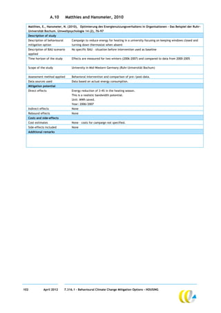 A.10       Matthies and Hansmeier, 2010

  Matthies, E., Hansmeier, N. (2010), Optimierung des Energienutzungsverhaltens in Organisationen – Das Beispiel der Ruhr-
  Universität Bochum. Umweltpsychologie 14 (2), 76-97
  Description of study
  Description of behavioural        Campaign to reduce energy for heating in a university focusing on keeping windows closed and
  mitigation option                 turning down thermostat when absent
  Description of BAU scenario       No specific BAU – situation before intervention used as baseline
  applied
  Time horizon of the study         Effects are measured for two winters (2006-2007) and compared to data from 2000-2005


  Scope of the study                University in Mid-Western Germany (Ruhr-Universität Bochum)


  Assessment method applied         Behavioral intervention and comparison of pre-/post-data.
  Data sources used                 Data based on actual energy consumption.
  Mitigation potential
  Direct effects                    Energy reduction of 3-4% in the heating season.
                                    This is a realistic bandwidth potential.
                                    Unit: MWh saved.
                                    Year: 2006/2007
  Indirect effects                  None
  Rebound effects                   None
  Costs and side-effects
  Cost estimates                    None – costs for campaign not specified.
  Side-effects included             None
  Additional remarks




102          April 2012        7.316.1 – Behavioural Climate Change Mitigation Options - HOUSING
 