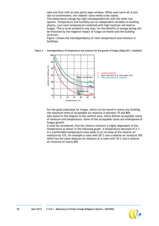 take one hour with an only partly open window. While used warm air is lost
                   due to transmissions, the radiator valve needs to be closed.
                   This behavioural change has high interdependencies with the other two
                   options. Temperature and humidity are no independent variables in building
                   physics. Low room temperature combined with high moisture will lead to
                   fungus. This is to be avoided in any case, for the benefits of energy saving will
                   be thwarted by the negative impact of fungus on health and the building
                   structure.
                   Figure 3 shows the interdependency of room temperature and moisture in
                   buildings.


        Figure 3   Interdependency of temperature and moisture for the growth of fungus (Zillig 2011, modified)




                   For the good substrates for fungus, which can be found in nearly any building,
                   the maximum level of acceptable air moisture is between 75 and 80%.
                   Also shown in the diagram is the comfort area, which defines acceptable ratios
                   of moisture and temperature. Some of the acceptable ratios are endangered of
                   fungus growth.
                   It must be considered, that the relative moisture is highly dependant of the
                   temperature as shown in the following graph. A temperature decrease of 2°C
                   in a comfortable temperature area leads to an increase of the relative air
                   moisture by 12%, for example a room with 20°C and a relative air moisture 70%
                   which has the same absolute air moisture as a room with 18°C and a relative
                   air moisture of nearly 80%




30   April 2012    7.316.1 – Behavioural Climate Change Mitigation Options - HOUSING
 