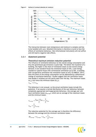 Figure 4   Isolines of constant absolute air moisture

                                               100%
                                               90%
                                               80%




                       relative moisture (%)
                                               70%
                                               60%
                                               50%
                                               40%
                                               30%
                                               20%
                                               10%
                                                 0%
                                                      0       5       10         15         20   25   30
                                                                           temperature (°C)


                   The interaction between room temperature and moisture is complex and has
                   to be handled with care. Detailed Information is therefore crucial to face the
                   effects of ventilation behaviour. Non-informational instruments will not suffice
                   and will lead to negative side-effects.

        3.3.1      Abatement potential

                   Theoretical maximum emission reduction potential
                   The influence of ventilation behaviour on the overall energy consumption and
                   thus the greenhouse gas emissions is quite high. The better the insulation of a
                   building, the higher is the share of ventilation losses on the overall energy
                   demand. A low standard house has ventilation losses of 25%, a low energy
                   standard or passive house with conventional ventilation up to 55%. A building
                   with recuperative ventilation has ventilation losses of only 10 (HMULV, 2011).
                   Only this share of the energy consumption can be addressed by a behavioural
                   change of ventilation behaviour. Studies suggest that the ventilation losses
                   may double if windows are left partly open over the day. The maximum losses
                   (emax) are twice the minimum losses (emin):
                    emax  2  emin

                   This behaviour is not unusual, so the actual ventilation losses include this
                   potential. If we assume a normal distribution of the user behaviour between
                   completely appropriate and inappropriate behaviour, the average user will
                   have ventilation losses (eaverage), which are an average of the maximum losses
                   and the minimum losses:

                                                  emax  emin 3
                    eaverage                                 emin
                                                       2      2
                                               2
                    emin                        eaverage
                                               3

                   The reduction potential for the average user is therefore the difference
                   between the average and the minimum ventilation losses:
                                                 1
                    eaverage  eaverage  emin  eaverage
                                                 3



31   April 2012    7.316.1 – Behavioural Climate Change Mitigation Options - HOUSING
 