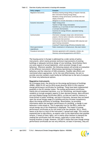Table 12   Overview of policy instruments in housing with examples

                     Policy category                   Examples
                     Regulative instruments           Mandatory heating energy billing at frequent intervals
                                                      More informative heating energy billing
                                                      Mandatory energy performance certificates with real
                                                       display orientation
                                                      Obligation to include information in formal education
                     Economic instruments             Higher energy prices
                                                      Taxation of high energy consumption
                                                      Subsidies e.g. on purchase of smart-metering equipment
                                                       or set-back thermometers
                                                      Incentives for energy-efficient, adjustable heating
                                                       infrastructure
                     Communication                    Information campaigns (large scale; demonstration
                                                       projects; informal advice networks; community progr.)
                                                      Communicate best practices
                                                      Communicate the direct link between GHG reduction and
                                                       space heating consumption
                                                      Creating ICT-based energy efficiency evaluation tools
                     Direct governmental              Public investments in infrastructure, like smart-meters
                     expenditures
                     Procedural instruments           Voluntary agreements with companies, schools, etc.
                                                      Voluntary contracting agreements with ESCO’s



                   The housing sector in Europe is addressed by a wide variety of policy
                   instruments, which mainly promote technical improvements of existing
                   buildings or adequate technical design of new buildings. Nevertheless there
                   are some aspects of actual legislation, which promote change of user
                   behaviour. Wherever possible, the following analysis will provide an evaluation
                   of the different instruments’ effectiveness (pertaining to changing of
                   behaviour and the reduction of GHG emissions). Possible side-effects are
                   mentioned where appropriate. As for the cost-effectiveness, the aim to
                   provide concrete numbers could hardly be fulfilled due to the lack of analyses
                   for these very behavioural options.

                   Regulative Instruments
                   On a European level, the directive on the energy performance of buildings
                   (EPBD), (2002/91/EC and its 2010 recast directive 2010/31/EU) requires
                   energy performance certificates for buildings. These have been implemented
                   gradually in the EU member states. The energy performance certificates
                   mainly aim at investment decisions, e.g. for retrofitting, and should enable
                   residents to include energetic aspects in their decision process. More efficient
                   are even Display Energy Certificates (DECs), as they are used for instance in
                   Great Britain in public buildings, and also in Germany, because they are based
                   upon the actual energy usage of a building and thus increase transparency
                   about the energy efficiency of buildings. Nevertheless, by providing
                   information about the energetic performance of a building, a change in user
                   behaviour is also aimed at. This is especially true for the DECs, where the
                   actual energy use of the inhabitants is displayed. The impact of energy
                   performance certificates so far still tends to be low (Amecke, 2011), which
                   seems to be due to a lack of the instrument´s spread and usage. This could be
                   explained due to side-effects, as experts refer to the observation that possible
                   tenants, if aware of their rights, are in reality often hesitant to demand the
                   reading the certificates from the owners, especially in areas where the
                   housing situation is tough. However, CIP (2011) states that even though energy
                   performance certificates are not very effective, at least in Germany, they are




44   April 2012    7.316.1 – Behavioural Climate Change Mitigation Options - HOUSING
 