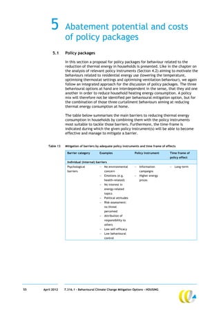 5        Abatement potential and costs
                   of policy packages
           5.1     Policy packages

                   In this section a proposal for policy packages for behaviour related to the
                   reduction of thermal energy in households is presented. Like in the chapter on
                   the analysis of relevant policy instruments (Section 4.2) aiming to motivate the
                   behaviours related to residential energy use (lowering the temperature,
                   optimising thermostat settings and optimising ventilation behaviour), we again
                   follow an integrated approach for the discussion of policy packages. The three
                   behavioural options at hand are interdependent in the sense, that they aid one
                   another in order to reduce household heating energy consumption. A policy
                   mix will therefore not be identified per behavioural mitigation option, but for
                   the combination of those three curtailment behaviours aiming at reducing
                   thermal energy consumption at home.

                   The table below summarises the main barriers to reducing thermal energy
                   consumption in households by combining them with the policy instruments
                   most suitable to tackle those barriers. Furthermore, the time-frame is
                   indicated during which the given policy instrument(s) will be able to become
                   effective and manage to mitigate a barrier.


        Table 13   Mitigation of barriers by adequate policy instruments and time frame of effects

                     Barrier category        Examples                  Policy instrument     Time frame of
                                                                                             policy effect
                     Individual (internal) barriers
                     Psychological              No environmental         Information          Long-term
                     barriers                    concern                   campaigns
                                                Emotions (e.g.           Higher energy
                                                 health-related)           prices
                                                No interest in
                                                 energy-related
                                                 topics
                                                Political attitudes
                                                Risk-assessment:
                                                 no threat
                                                 perceived
                                                Attribution of
                                                 responsibility to
                                                 others
                                                Low self-efficacy
                                                Low behavioural
                                                 control




55   April 2012    7.316.1 – Behavioural Climate Change Mitigation Options - HOUSING
 