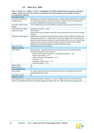 A.6       Dietz et al., 2009

     Dietz, T., Gardner, G.T., Gilligan, J., Stern, P., Vandenbergh, M.P. (2009): Household actions can provide a behavioural
     wedge to rapidly reduce US carbon emissions, Proceedings of the National Academy of Science (PNAS), November 3,
     vol. 106 (44), pp. 18452-56.
     Description of study
     Description of behavioural        Broad analyses of behavioural mitigation options, including replacing HVAC (heating, ventilation,
     mitigation option                 air-conditioning) equipment, efficient water heaters, change air filters of HVAC equipment,
                                       tune up AC, temperature of water heater, thermostat setbacks.
     Description of BAU scenario       Current (2005) energy use by US-households as a baseline which was 626 million tons of CO2
     applied
     Time horizon of the study         Time-span of ten years, i.e. 2015
     Scope of the study                US households;
                                       Authors assume that percentage of about 50% of those estimated for the US may be achievable
                                       in the EU.
     Assessment method applied         Possible effect are estimated using the potential emissions reduction (PER) and weighing them
                                       by behavioural plasticity, i.e. the proportion of current non-adopters that could be induced to
                                       adopt (corrected for double counting, e.g. smaller behavioural effects in case of more efficient
                                       equipment) resulting in the so-called reasonably achievable emissions reductions (RAER).
                                       Adoption rates are estimated based on successful intervention studies.
     Data sources used                 Various data sources/own calculations.
     Mitigation potential
     Direct effects                    Option analysed → potential emissions reduction/million tons of CO2; estimates for 2015,
                                       reasonably achievable emissions reductions
                                        replacing HVAC (heating, ventilation, air-conditioning) equipment → 25.2;
                                        efficient water heaters → 6.7;
                                        change air filters of HVAC equipment → 8.7;
                                        tune up AC → 3.0;
                                        temperature of water heater → 2.9;
                                           thermostat setbacks → 10.1.
     Indirect effects                  No
     Rebound effects                   No
     Costs and side-effects
     Cost estimates                    No. Usually measures either do not imply major investment or investments that should be
                                       economically efficient as well.
     Side-effects included             No
     Additional remarks
     Data probably similar or identical to the one presented in Gardner, G.T., Stern, P. (2008) The Short List The Most Effective
     Actions U.S. Households Can Take to Curb Climate Change. Environment, Sept./Oct. 2008, www.environmentmagazine.org




98              April 2012        7.316.1 – Behavioural Climate Change Mitigation Options - HOUSING
 