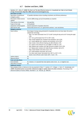 A.7       Gardner and Stern, 2008

     Gardner, G.T., Stern, P. (2008) The Short List The Most Effective Actions U.S. Households Can Take to Curb Climate
     Change. Environment, Sept./Oct. 2008, www.environmentmagazine.org
     Description of study
     Description of behavioural        27 possible individual actions including curtailment und efficiency behaviours
     mitigation option
     Description of BAU scenario       Current (2005) energy use by US-households as a baseline
     applied
     Time horizon of the study         Not specified.
     Scope of the study                US households
     Assessment method applied         General assessment of possible reductions
     Data sources used                 Various data sources incl. U.S. government statistics / own calculations.
     Mitigation potential
     Direct effects                    Percentage of energy saving estimated for households who do not have taken this action /
                                       adopted the technology.
                                        Heat: Turn down thermostat from 72°F to 68°F during the day and to 65°F during the night:
                                            2.8%;
                                        A/C: Turn up thermostat from 73°F to 78°F: 0.6%;
                                        Heat: Install/upgrade attic insulation and ventilation: Up to 5.0%;
                                        A/C: Install/upgrade attic insulation and ventilation: Up to 2.0%;
                                        Heat: Install a more efficient heating unit (92% efficient): 2.9%;
                                        A/C: Install a more efficient A/C unit (SEER 13 or EER 12): 2.2%;
                                        Heat: Replace poor windows with high-efficiency windows: Up to 2.8%;
                                        A/C: Replace poor windows with high-efficiency windows: Up to 0.9;
                                        Heat: Caulk/weather-strip home: Up to 1.9%;
                                        A/C: Caulk/weather-strip home: Up to 0.6%;
                                        Turn down water heater thermostat from 140°F to 120°F: 0.7%;
                                        Install a more efficient water heater (EFS .7 unit): 1.5%.
     Indirect effects                  No
     Rebound effects                   No
     Costs and side-effects
     Cost estimates                    No. However, it is assumed that most options come at low-, no-, or negative-cost.
     Side-effects included             No
     Additional remarks
     Data probably similar or identical to the one presented in Dietz, T., Gardner, G.T., Gilligan, J., Stern, P., Vandenbergh, M.P.
     (2009): Household actions can provide a behavioral wedge to rapidly reduce US carbon emissions, Proceedings of the
     National Academy of Science (PNAS), November 3, vol. 106 (44), pp. 18452-56.




99              April 2012        7.316.1 – Behavioural Climate Change Mitigation Options - HOUSING
 