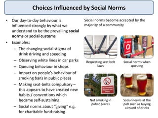 Choices Influenced by Social Norms
• Our day-to-day behaviour is
influenced strongly by what we
understand to be the prevailing social
norms or social customs
• Examples:
– The changing social stigma of
drink driving and speeding
– Observing white lines in car parks
– Queuing behaviour in shops
– Impact on people’s behaviour of
smoking bans in public places
– Making seat-belts compulsory –
this appears to have created new
habits / conventions which
became self-sustaining
– Social norms about “giving” e.g.
for charitable fund-raising
Respecting seat belt
laws
Social norms when
queuing
Not smoking in
public places
Social norms at the
pub such as buying
a round of drinks
Social norms become accepted by the
majority of a community
 