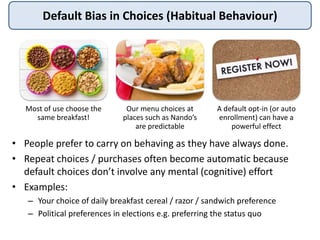 Default Bias in Choices (Habitual Behaviour)
• People prefer to carry on behaving as they have always done.
• Repeat choices / purchases often become automatic because
default choices don’t involve any mental (cognitive) effort
• Examples:
– Your choice of daily breakfast cereal / razor / sandwich preference
– Political preferences in elections e.g. preferring the status quo
Most of use choose the
same breakfast!
Our menu choices at
places such as Nando’s
are predictable
A default opt-in (or auto
enrollment) can have a
powerful effect
 