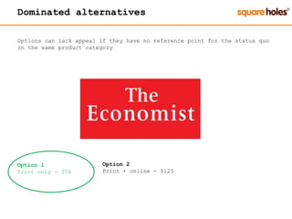 Dominated alternatives
Options can lack appeal if they have no reference point for the status quo
in the same product category
Option 1
Print only - $56
Option 2
Print + online - $125
 