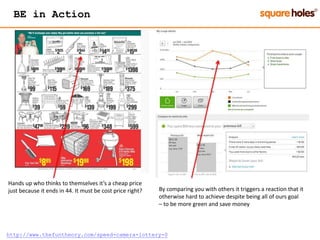 BE in Action
Hands up who thinks to themselves it’s a cheap price
just because it ends in 44. It must be cost price right? By comparing you with others it triggers a reaction that it
otherwise hard to achieve despite being all of ours goal
– to be more green and save money
http://www.thefuntheory.com/speed-camera-lottery-0
 