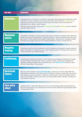 Key Term Explanation
In general terms, a heuristic is a method or technique that people use to help them make
a decision or solve a problem more quickly. We often use the phrase rule of thumb to
mean the same thing. The outcome from using the heuristic may not be perfect or
optimised, but is usually “good enough”.
The term was developed, along with bounded rationality and satisficing, by the cognitive
scientist Herbert Simon.
Heuristics
A situation or scenario in which people must make a decision in advance with respect to
whether they wish to participate in a particular action – they are required by law to make
that choice. These decisions are usually “public policy” decisions e.g. deciding whether
to donate your organs when you die, deciding whether to make a “living will” etc.
Mandated
choice
A technique used by choice architects in which someone is persuaded to make a decision
based on negative consequences e.g. if you choose to park in that space then there is a
chance that your car could be towed.
Negative
framing
A technique by which consumption can be reduced by packaging something into smaller
amounts. When something (e.g. money, a packet of crisps, sweets) are packaged into
separate, smaller packages, then consumers face more decision points which can slow
the rate of spending or consumption.
Partitioning
Because of the existence of bounded rationality, consumers can find it really difficult to
make effective decisions when the number of choices or options is large; this may result in
them failing to make any decision. Therefore, restricting the number of available choices
may be more likely to cause consumers to act and actually make a decision, resulting in a
more efficient outcome.
Restricted
Choice
A phenomenon in which the demand curve for a good changes shape dramatically once
the price of the good is zero. Standard economics cannot explain the psychological power
of a good that is free!
Zero price
effect
 