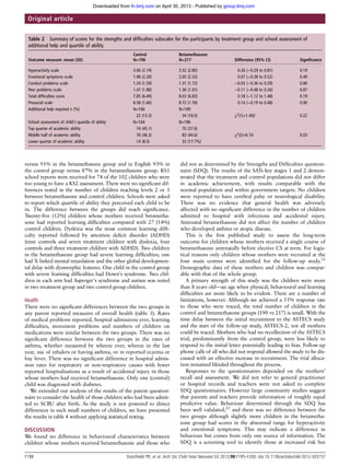 versus 91% in the betamethasone group and in English 93% in
the control group versus 87% in the betamethasone group. KS1
school reports were received for 74 of the 102 children who were
too young to have a KS2 assessment. There were no signiﬁcant dif-
ferences noted in the number of children reaching levels 2 or 3
between betamethasone and control children. Schools were asked
to report which quartile of ability they perceived each child to be
in. The difference between the groups did reach signiﬁcance.
Twenty-ﬁve (12%) children whose mothers received betametha-
sone had reported learning difﬁculties compared with 27 (14%)
control children. Dyslexia was the most common learning difﬁ-
culty reported followed by attention deﬁcit disorder (ADHD)
(nine controls and seven treatment children with dyslexia, four
controls and three treatment children with ADHD). Two children
in the betamethasone group had severe learning difﬁculties; one
had X linked mental retardation and the other global developmen-
tal delay with dysmorphic features. One child in the control group
with severe learning difﬁculties had Down’s syndrome. Two chil-
dren in each arm had Asperger’s syndrome and autism was noted
in two treatment group and two control group children.
Health
There were no signiﬁcant differences between the two groups in
any parent reported measures of overall health (table 3). Rates
of medical problems reported, hospital admissions ever, learning
difﬁculties, movement problems and numbers of children on
medications were similar between the two groups. There was no
signiﬁcant difference between the two groups in the rates of
asthma, whether measured by wheeze ever, wheeze in the last
year, use of inhalers or having asthma, or in reported eczema or
hay fever. There was no signiﬁcant difference in hospital admis-
sion rates for respiratory or non-respiratory causes with fewer
reported hospitalisations as a result of accidental injury in those
whose mothers had received betamethasone. Only one (control)
child was diagnosed with diabetes.
We extended our analysis of the results of the parent question-
naire to consider the health of those children who had been admit-
ted to SCBU after birth. As the study is not powered to detect
differences in such small numbers of children, we have presented
the results in table 4 without applying statistical testing.
DISCUSSION
We found no difference in behavioural characteristics between
children whose mothers received betamethasone and those who
did not as determined by the Strengths and Difﬁculties question-
naire (SDQ). The results of the SATs key stages 1 and 2 demon-
strated that the treatment and control populations did not differ
in academic achievement, with results comparable with the
normal population and within government targets. No children
were reported to have cerebral palsy or neurological disability.
There was no evidence that general health was adversely
affected with no signiﬁcant difference in the number of children
admitted to hospital with infections and accidental injury.
Antenatal betamethasone did not affect the number of children
who developed asthma or atopic disease.
This is the ﬁrst published study to assess the long-term
outcome for children whose mothers received a single course of
betamethasone antenatally before elective CS at term. For logis-
tical reasons only children whose mothers were recruited at the
four main centres were identiﬁed for the follow-up study.12
Demographic data of these mothers and children was compar-
able with that of the whole group.
A primary strength of this study was the children were more
than 8 years old—an age when physical, behavioural and learning
difﬁculties are more likely to be evident. There are a number of
limitations, however. Although we achieved a 51% response rate
to those who were traced, the total number of children in the
control and betamethasone groups (190 vs 217) is small. With the
time delay between the initial recruitment to the ASTECS study
and the start of the follow-up study, ASTECS-2, not all mothers
could be traced. Mothers who had no recollection of the ASTECS
trial, predominantly from the control group, were less likely to
respond to the initial letter potentially leading to bias. Follow-up
phone calls of all who did not respond allowed the study to be dis-
cussed with an effective increase in recruitment. The trial alloca-
tion remained blinded throughout the process.
Responses to the questionnaires depended on the mothers’
recall and assessment. We did not refer to general practitioner
or hospital records and teachers were not asked to complete
SDQ questionnaires. However large community studies suggest
that parents and teachers provide information of roughly equal
predictive value. Behaviour determined through the SDQ has
been well validated,22
and there was no difference between the
two groups although slightly more children in the betametha-
sone group had scores in the abnormal range for hyperactivity
and emotional symptoms. This may indicate a difference in
behaviour but comes from only one source of information. The
SDQ is a screening tool to identify those at increased risk but
Table 2 Summary of scores for the strengths and difficulties subscales for the participants by treatment group and school assessment of
additional help and quartile of ability
Outcome measure: mean (SD)
Control Betamethasone
Difference (95% CI) SignificanceN=190 N=217
Hyperactivity scale 3.06 (2.74) 3.32 (2.85) 0.26 (−0.29 to 0.81) 0.19
Emotional symptoms scale 1.98 (2.28) 2.05 (2.33) 0.07 (−0.38 to 0.52) 0.40
Conduct problems scale 1.34 (1.59) 1.31 (1.72) −0.03 (−0.36 to 0.29) 0.80
Peer problems scale 1.47 (1.88) 1.36 (1.91) −0.11 (−0.48 to 0.26) 0.87
Total difficulties score 7.85 (6.49) 8.03 (6.83) 0.18 (−1.12 to 1.48) 0.19
Prosocial scale 8.58 (1.66) 8.72 (1.76) 0.14 (−0.19 to 0.48) 0.90
Additional help required n (%) N=166 N=189
22 (13.3) 34 (18.0) χ2
(1)=1.492 0.22
School assessment of child’s quartile of ability N=164 N=186
Top quarter of academic ability 74 (45.1) 70 (37.6)
Middle half of academic ability 76 (46.3) 83 (44.6) χ2
(2)=6.74 0.03
Lower quarter of academic ability 14 (8.5) 33 (17.7%)
F198 Stutchﬁeld PR, et al. Arch Dis Child Fetal Neonatal Ed 2013;98:F195–F200. doi:10.1136/archdischild-2012-303157
Original article
group.bmj.comon April 30, 2013 - Published byfn.bmj.comDownloaded from
 