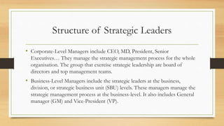 Structure of Strategic Leaders
• Corporate-Level Managers include CEO, MD, President, Senior
Executives… They manage the strategic management process for the whole
organisation. The group that exercise strategic leadership are board of
directors and top management teams.
• Business-Level Managers include the strategic leaders at the business,
division, or strategic business unit (SBU) levels. These managers manage the
strategic management process at the business-level. It also includes General
manager (GM) and Vice-President (VP).
 