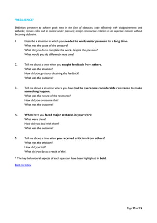 Page 25 of 25
‘RESILIENCE’
Definition: persevere to achieve goals even in the face of obstacles; cope effectively with disappointments and
setbacks; remain calm and in control under pressure; accept constructive criticism in an objective manner without
becoming defensive.
1. Describe a situation in which you needed to work under pressure for a long time.
What was the cause of the pressure?
What did you do to complete the work, despite the pressure?
What would you do differently next time?
2. Tell me about a time when you sought feedback from others.
What was the situation?
How did you go about obtaining the feedback?
What was the outcome?
3. Tell me about a situation where you have had to overcome considerable resistance to make
something happen.
What was the nature of the resistance?
How did you overcome this?
What was the outcome?
4. When have you faced major setbacks in your work?
What were these?
How did you deal with them?
What was the outcome?
5. Tell me about a time when you received criticism from others?
What was the criticism?
How did you feel?
What did you do as a result of this?
* The key behavioural aspects of each question have been highlighted in bold.
Back to Index
 