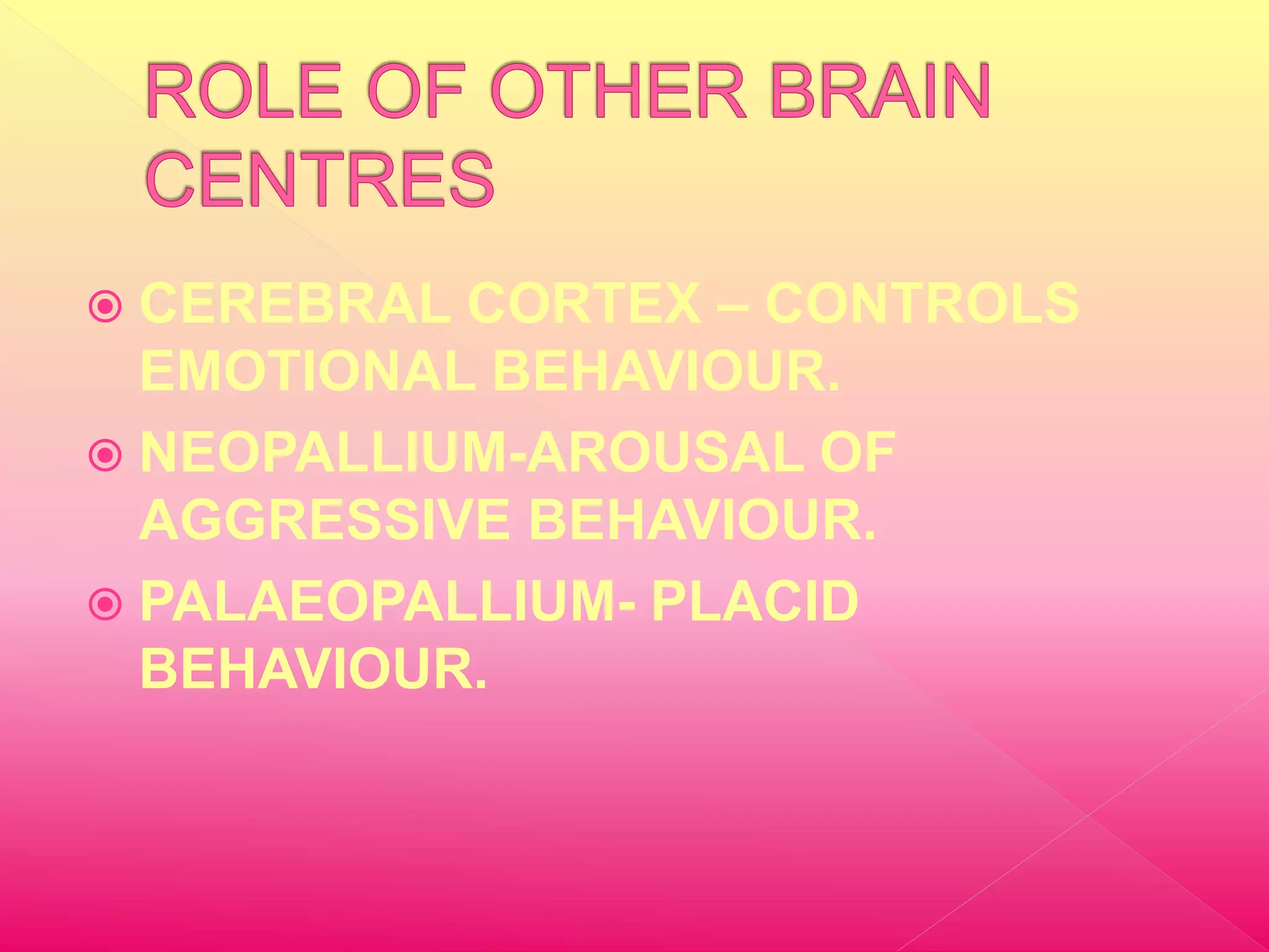  CEREBRAL CORTEX – CONTROLS
EMOTIONAL BEHAVIOUR.
NEOPALLIUM-AROUSAL OF
AGGRESSIVE BEHAVIOUR.
PALAEOPALLIUM- PLACID
BEHAVIOUR.