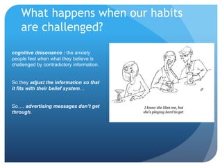 cognitive dissonance : the anxiety
people feel when what they believe is
challenged by contradictory information.
So they adjust the information so that
it fits with their belief system…
So…. advertising messages don’t get
through.
What happens when our habits
are challenged?
 
