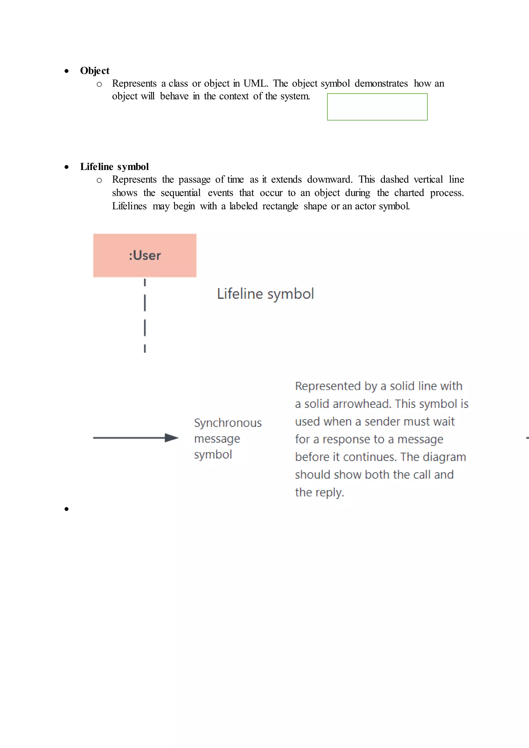  Object
o Represents a class or object in UML. The object symbol demonstrates how an
object will behave in the context of the system.
 Lifeline symbol
o Represents the passage of time as it extends downward. This dashed vertical line
shows the sequential events that occur to an object during the charted process.
Lifelines may begin with a labeled rectangle shape or an actor symbol.

 