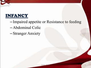 INFANCY
–Impaired appetite or Resistance to feeding
–Abdominal Colic
–Stranger Anxiety
8Mable_Maria
 