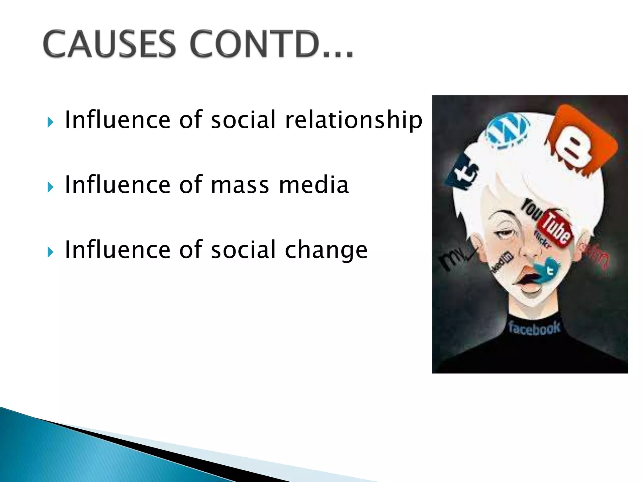  Influence of social relationship
 Influence of mass media
 Influence of social change
 