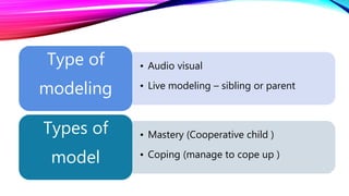 • Audio visual
• Live modeling – sibling or parent
Type of
modeling
• Mastery (Cooperative child )
• Coping (manage to cope up )
Types of
model
 