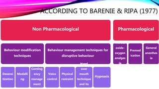 ACCORDING TO BARENIE & RIPA (1977)
Non Pharmacological
Behaviour modification
techniques
Desensi
tization
Modelli
ng
Conting
ency
manage
ment
Behaviour management techniques for
disruptive behaviour
Voice
control
Physical
restraint
Hand
over
mouth
technique
and its
Hypnosis
Pharmacological
Nitrous
oxide-
oxygen
analges
ia
Premed
ication
General
anesthes
ia
 