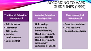 ACCORDING TO AAPD
GUIDELINES (1999)
Traditional Behaviour
management
• Tell-show-do
• Distraction
• TLC, gentle
• Positive
reinforcement
• Voice control
Aversive Behaviour
management
• Hold and go
• Restraining
immobilization)
• Hand-over-mouth
exercise (HOME),
Hand-over-mouth
with airway
restricted (HOMAR)
Pharmacological
management
• Conscious sedation
• Deep sedation
• General anaesthesia
 