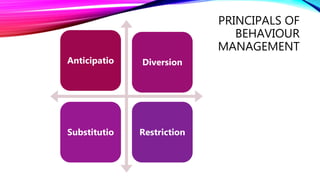 PRINCIPALS OF
BEHAVIOUR
MANAGEMENT
Anticipatio Diversion
Substitutio Restriction
 