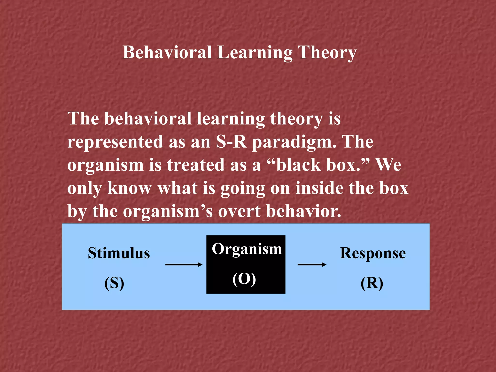 Behavioral Learning Theory
The behavioral learning theory is
represented as an S-R paradigm. The
organism is treated as a “black box.” We
only know what is going on inside the box
by the organism’s overt behavior.
Stimulus
(S)
Organism
(O)
Response
(R)
 