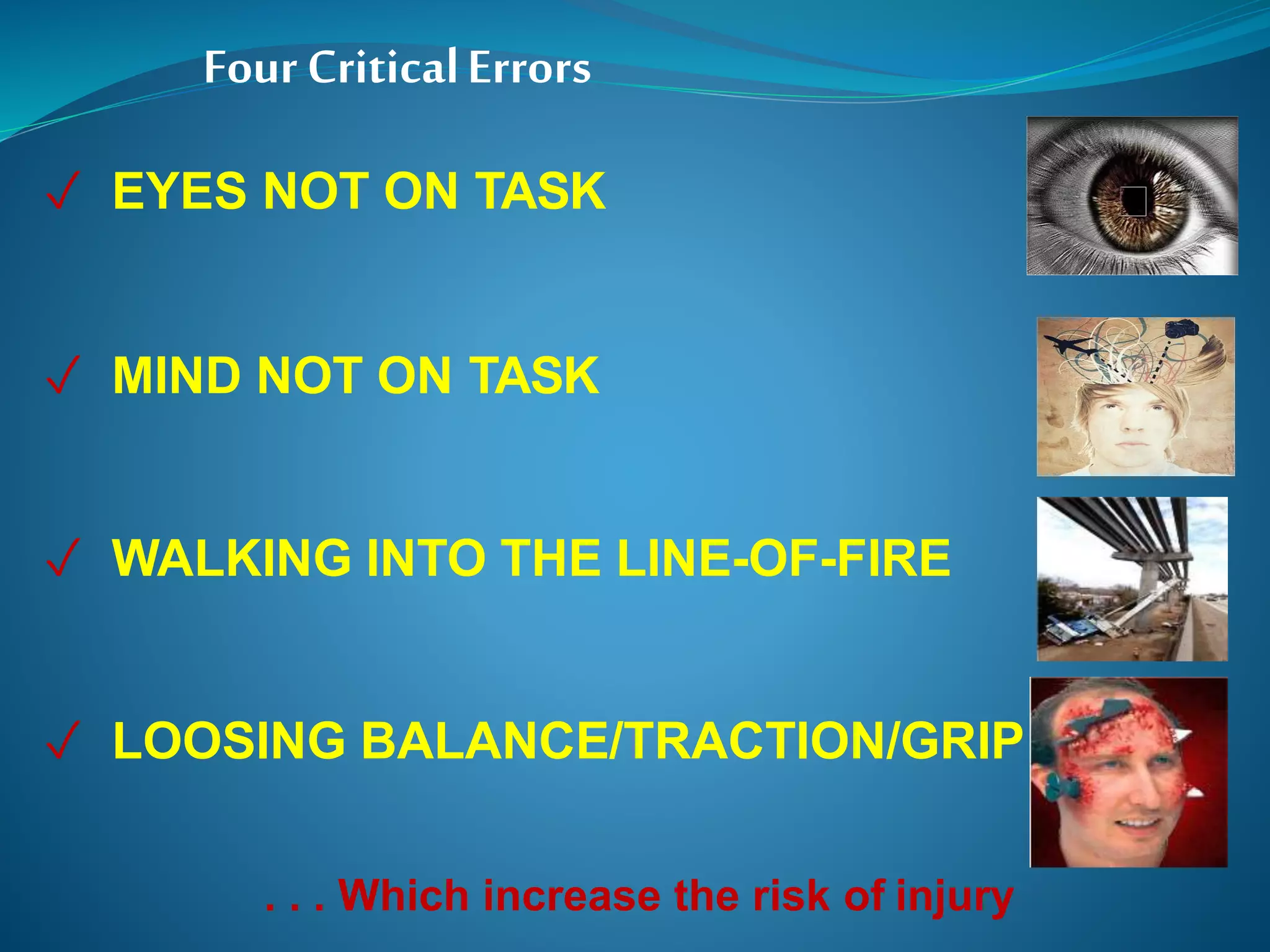 ✓ EYES NOT ON TASK
✓ MIND NOT ON TASK
✓ WALKING INTO THE LINE-OF-FIRE
✓ LOOSING BALANCE/TRACTION/GRIP
. . . Which increase the risk of injury
FourCriticalErrors
 