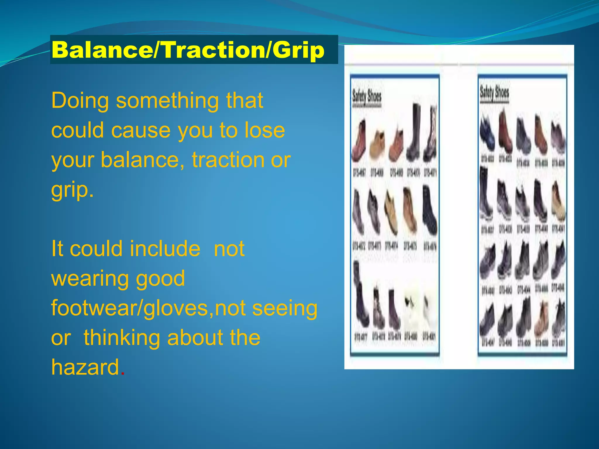 Balance/Traction/Grip
Doing something that
could cause you to lose
your balance, traction or
grip.
It could include not
wearing good
footwear/gloves,not seeing
or thinking about the
hazard.
 