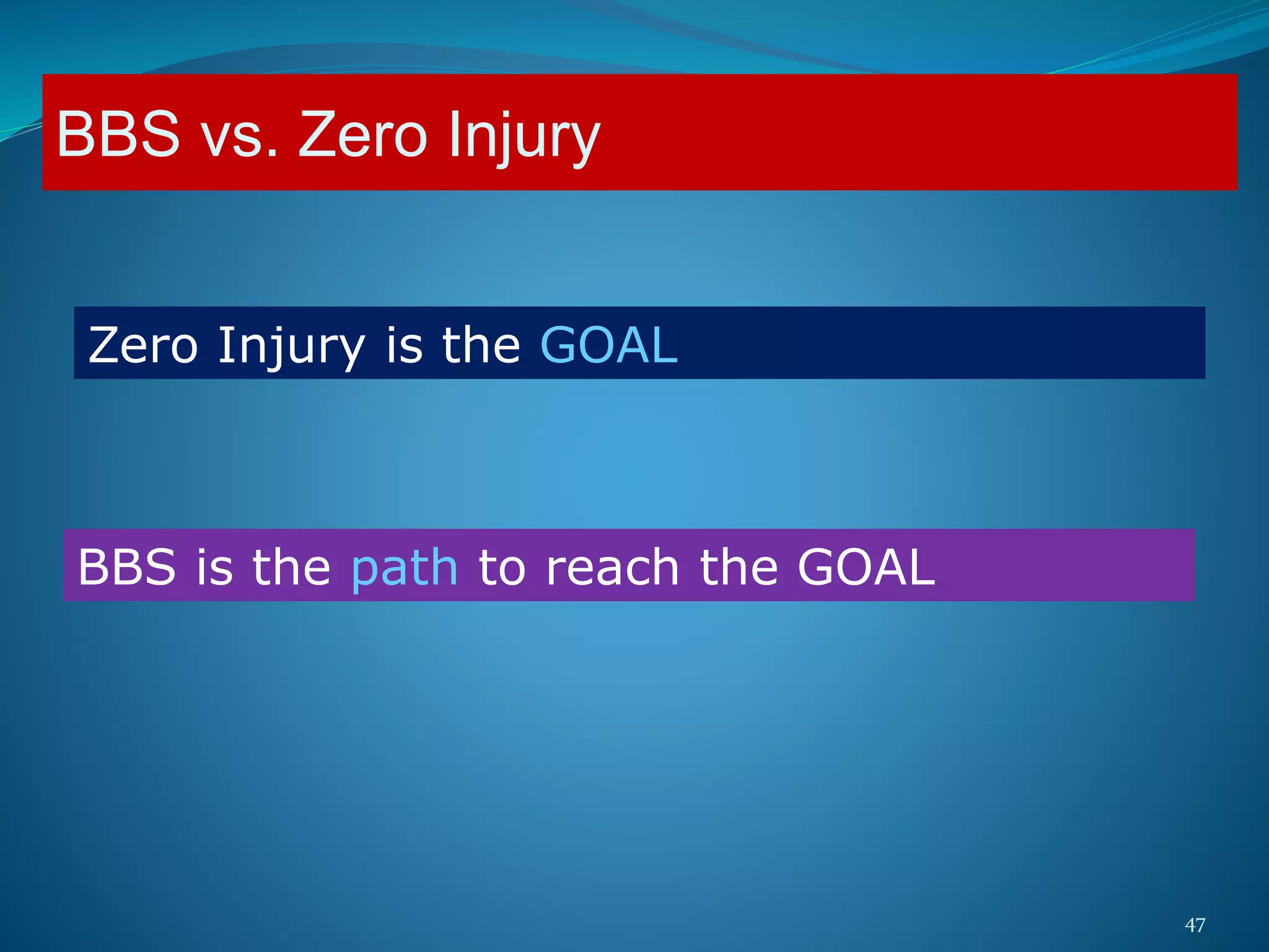 47
BBS vs. Zero Injury
Zero Injury is the GOAL
BBS is the path to reach the GOAL
 