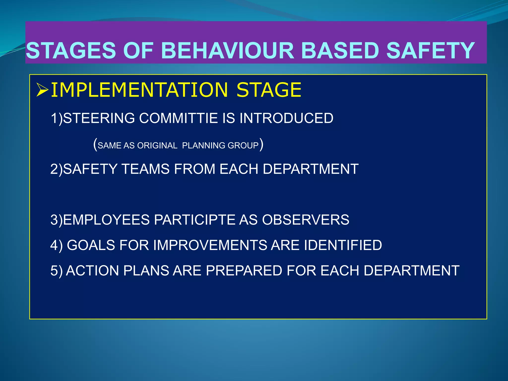 STAGES OF BEHAVIOUR BASED SAFETY
IMPLEMENTATION STAGE
1)STEERING COMMITTIE IS INTRODUCED
(SAME AS ORIGINAL PLANNING GROUP)
2)SAFETY TEAMS FROM EACH DEPARTMENT
3)EMPLOYEES PARTICIPTE AS OBSERVERS
4) GOALS FOR IMPROVEMENTS ARE IDENTIFIED
5) ACTION PLANS ARE PREPARED FOR EACH DEPARTMENT
 