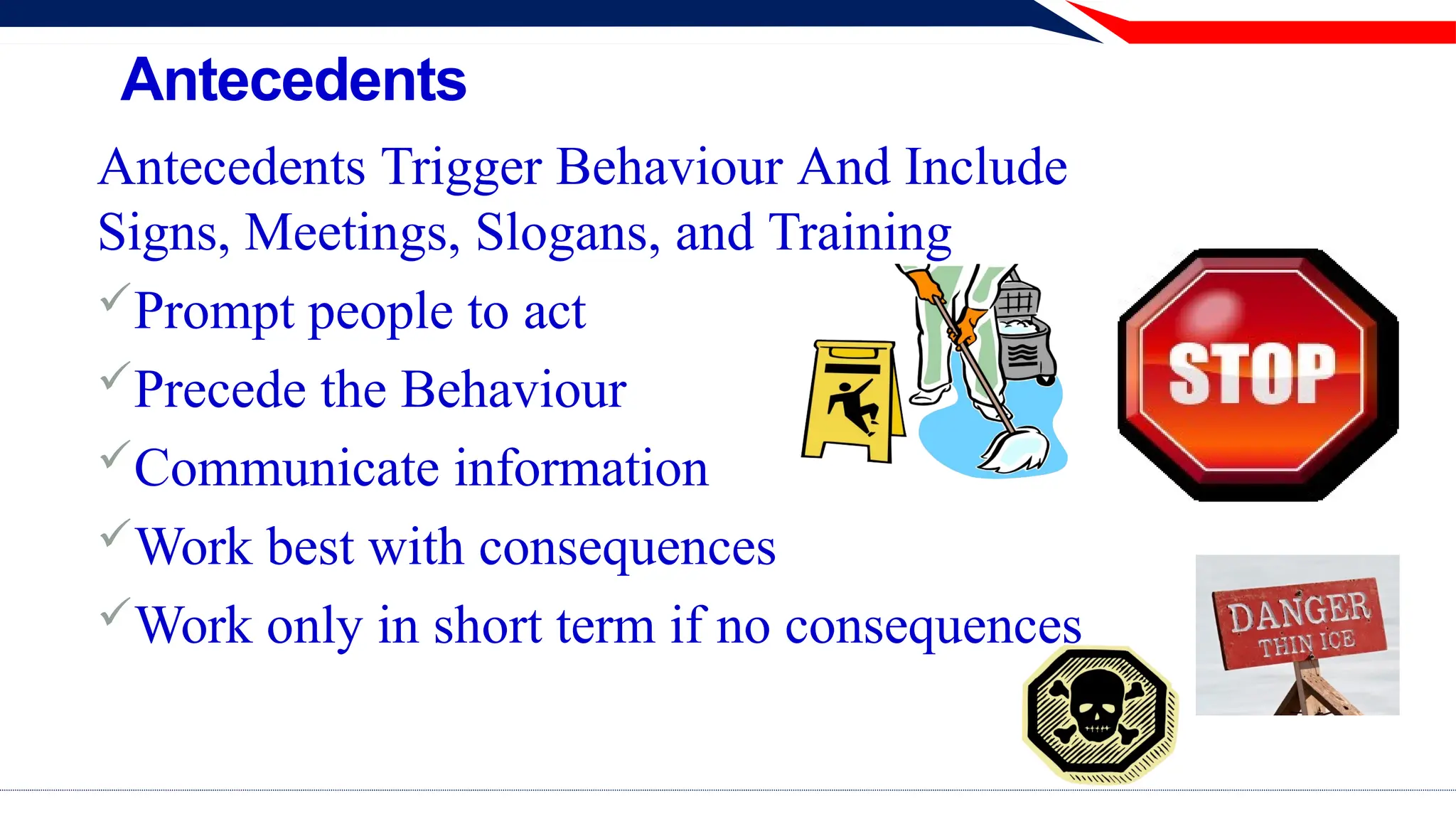 Antecedents
Antecedents Trigger Behaviour And Include
Signs, Meetings, Slogans, and Training
Prompt people to act
Precede the Behaviour
Communicate information
Work best with consequences
Work only in short term if no consequences
 