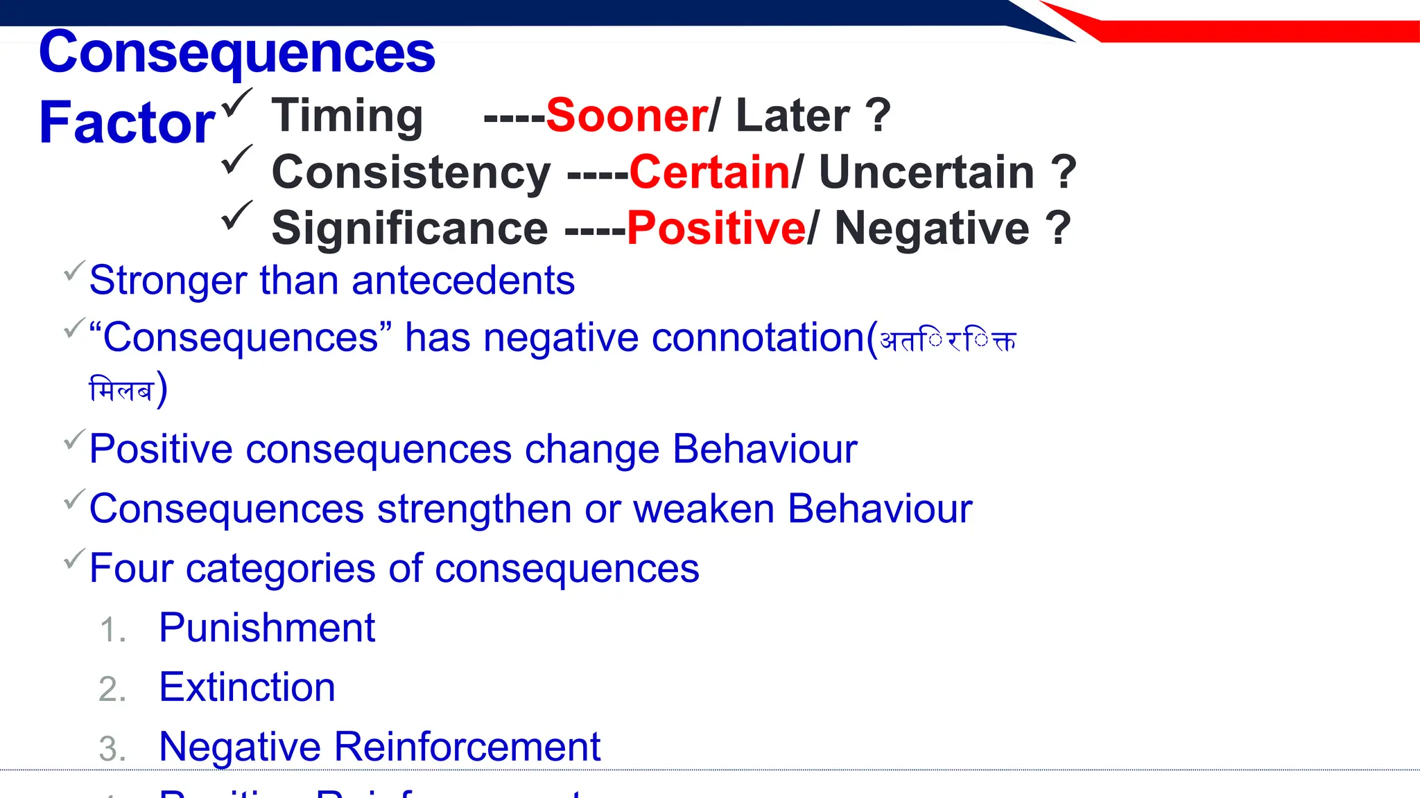 Consequences
Factor Timing ----Sooner/ Later ?
 Consistency ----Certain/ Uncertain ?
 Significance ----Positive/ Negative ?
Stronger than antecedents
“Consequences” has negative connotation(अतिरिक्त
मिलब)
Positive consequences change Behaviour
Consequences strengthen or weaken Behaviour
Four categories of consequences
1. Punishment
2. Extinction
3. Negative Reinforcement
 
