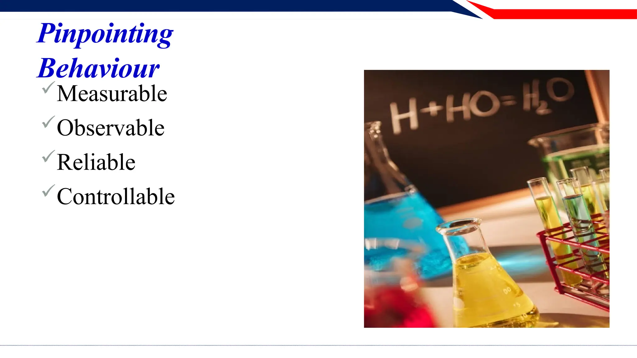 Pinpointing
Behaviour
Measurable
Observable
Reliable
Controllable
 