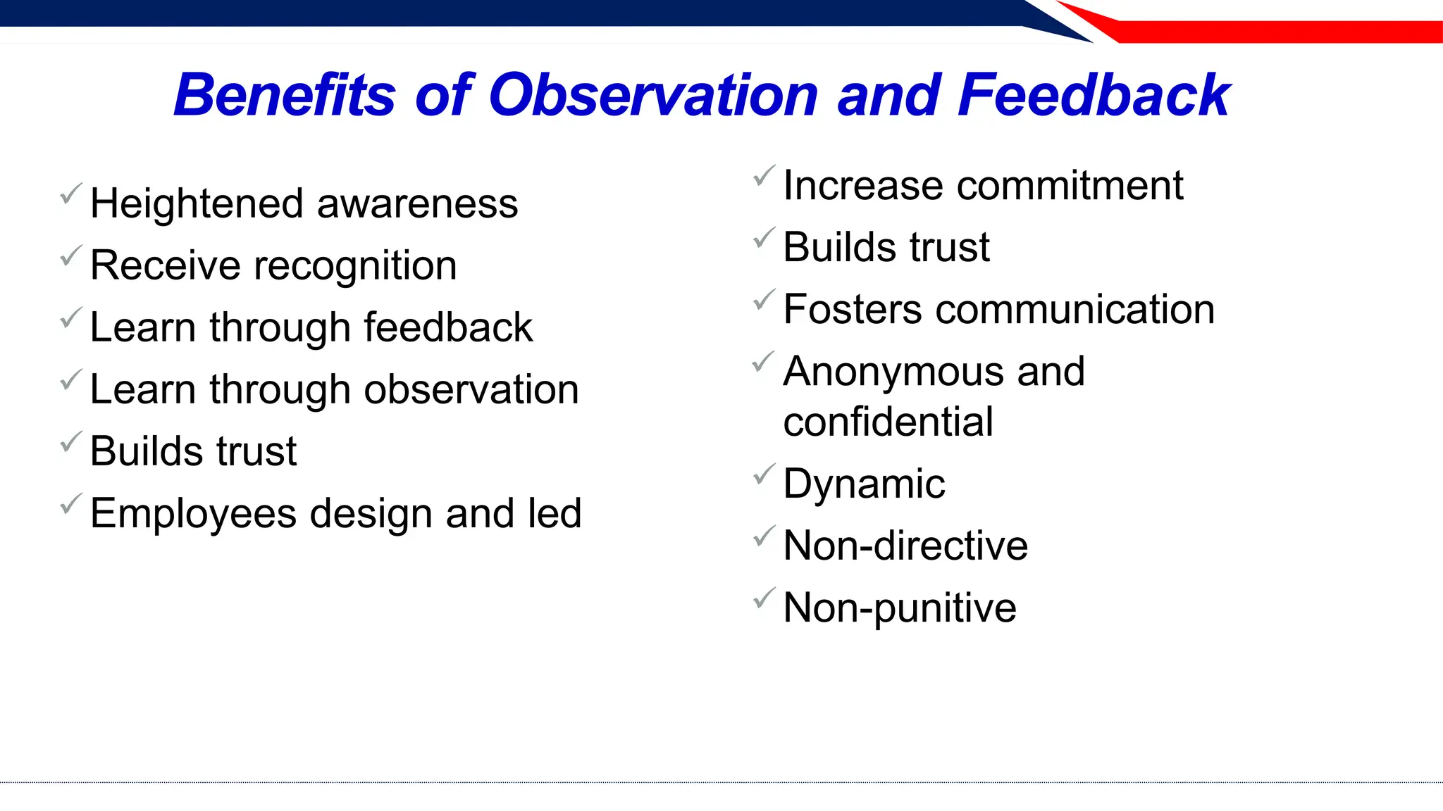 Benefits of Observation and Feedback
Heightened awareness
Receive recognition
Learn through feedback
Learn through observation
Builds trust
Employees design and led
Increase commitment
Builds trust
Fosters communication
 Anonymous and
confidential
Dynamic
Non-directive
Non-punitive
 