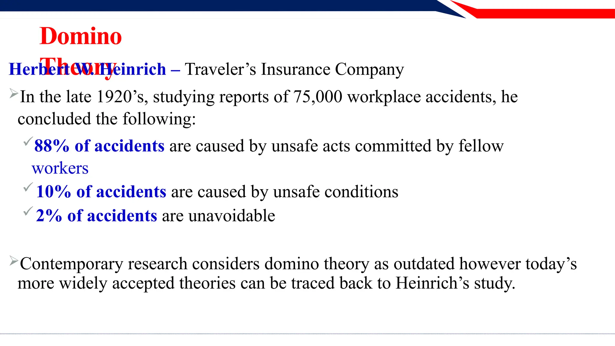 Domino
Theory
Herbert W. Heinrich – Traveler’s Insurance Company
In the late 1920’s, studying reports of 75,000 workplace accidents, he
concluded the following:
88% of accidents are caused by unsafe acts committed by fellow
workers
10% of accidents are caused by unsafe conditions
2% of accidents are unavoidable
Contemporary research considers domino theory as outdated however today’s
more widely accepted theories can be traced back to Heinrich’s study.
 