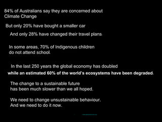 84% of Australians say they are concerned about Climate Change But only 20% have bought a smaller car And only 28% have changed their travel plans 1 In some areas, 70% of Indigenous children  do not attend school 2 In the last 250 years the global economy has doubled The change to a sustainable future  has been much slower than we all hoped.  We need to change unsustainable behaviour. And we need to do it now.  while an estimated 60% of the world ’s  ecosystems have been degraded 3 ,[object Object],[object Object],[object Object]