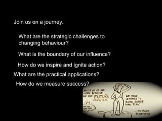 Join us on a journey.  What are the strategic challenges to  changing behaviour? What is the boundary of our influence? How do we inspire and ignite action? What are the practical applications? How do we measure success? 