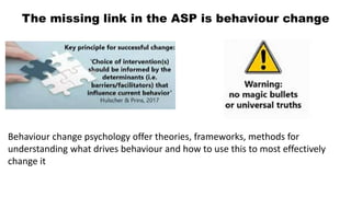 The missing link in the ASP is behaviour change
Behaviour change psychology offer theories, frameworks, methods for
understanding what drives behaviour and how to use this to most effectively
change it
 