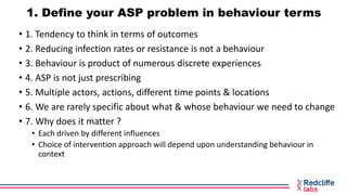 1. Define your ASP problem in behaviour terms
• 1. Tendency to think in terms of outcomes
• 2. Reducing infection rates or resistance is not a behaviour
• 3. Behaviour is product of numerous discrete experiences
• 4. ASP is not just prescribing
• 5. Multiple actors, actions, different time points & locations
• 6. We are rarely specific about what & whose behaviour we need to change
• 7. Why does it matter ?
• Each driven by different influences
• Choice of intervention approach will depend upon understanding behaviour in
context
 