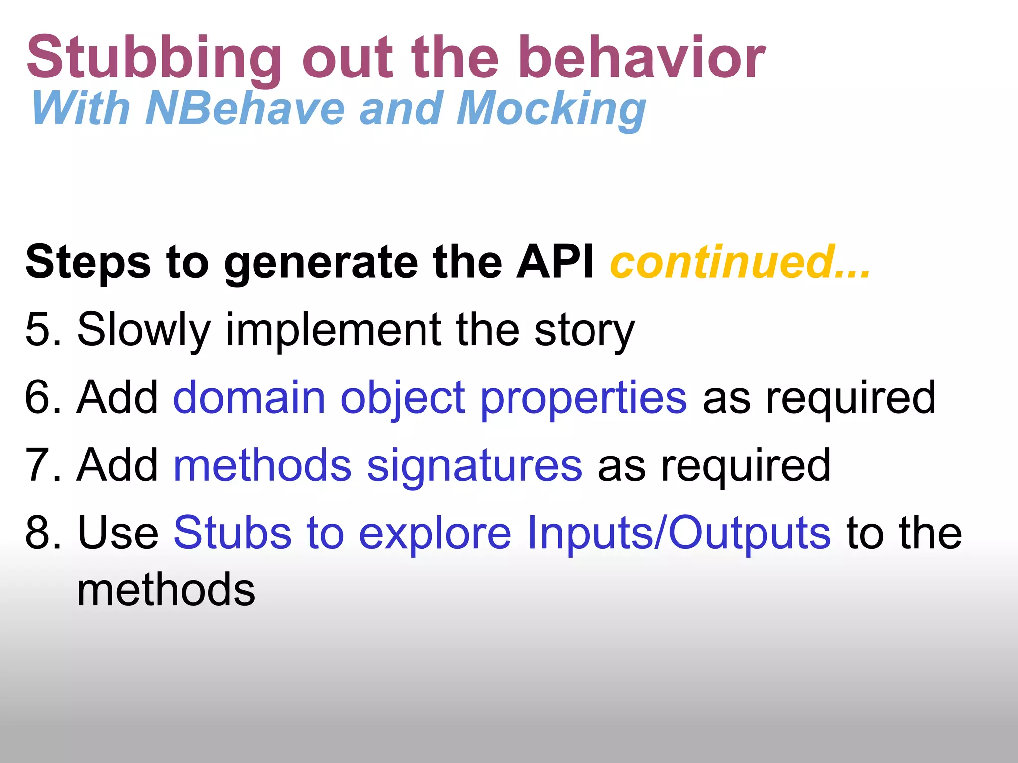 Creating a ScenarioFluent interface to define the storystory.WithScenario(&quot;portfolio does not exist&quot;).Given(&quot;portfolio name is $name&quot;, &quot;Aggressive Fund&quot;).When(&quot;portfolio does not exist in the database&quot;).Then(&quot;new portfolio should be created&quot;);story.WithScenario(&quot;portfolio already exists&quot;)	.Given(&quot;portfolio name is $name&quot;, &quot;Aggressive Fund&quot;)	.When(&quot;portfolio already exists in database&quot;)	.Then(&quot;an error should occur&quot;);