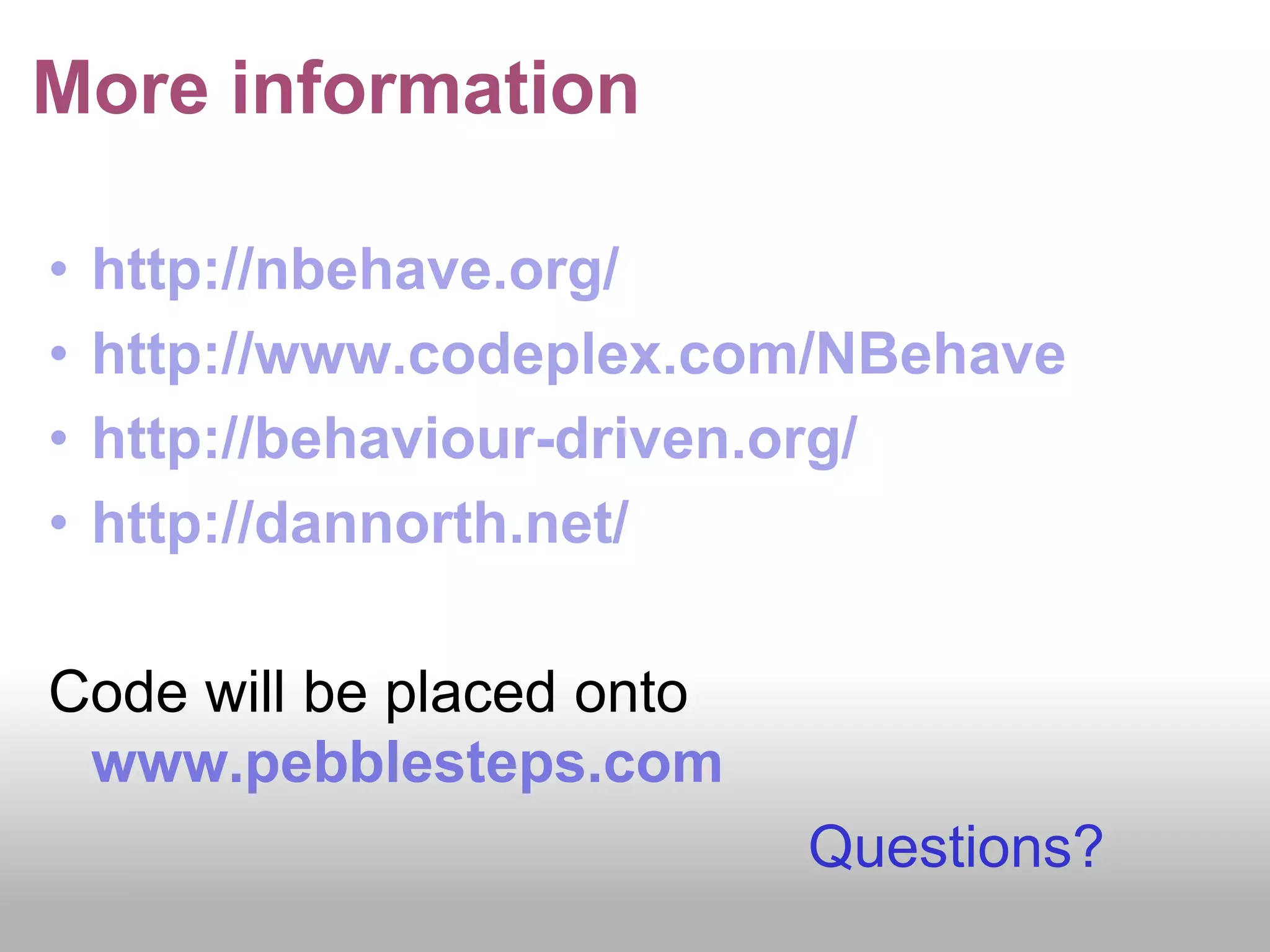 Test Driven DevelopmentDevelopment/Testing PhasesStubsDomain ModelUser StoriesBehaviour Driven DevelopmentGUI TestingFitnessUser AcceptanceTestUnit & Component TestMocksImplemented BehaviourSystemIntegration TestNo Mocks/StubsDeployment Verification Test