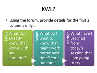 KWL?
• Using the forum, provide details for the first 2
columns only…
Know
What do I
already
know that
works with
my
students?
Want
What do I
want to
know that
might work
better next
time? Your
outcome…
Learned
What have I
Learned
from
today’s
session that
I am going
to try…
 