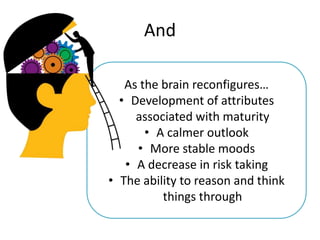 And
As the brain reconfigures…
• Development of attributes
associated with maturity
• A calmer outlook
• More stable moods
• A decrease in risk taking
• The ability to reason and think
things through
 