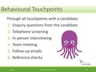 April 2014 WWW.HADFIELDHR.COM 19
Through all touchpoints with a candidate:
1. Enquiry questions from the candidate
2. Telephone screening
3. In-person interviewing
4. Team meeting
5. Follow-up emails
6. Reference checks
Behavioural Touchpoints
 