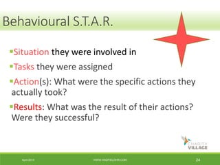 April 2014 WWW.HADFIELDHR.COM 24
Situation they were involved in
Tasks they were assigned
Action(s): What were the specific actions they
actually took?
Results: What was the result of their actions?
Were they successful?
Behavioural S.T.A.R.
 