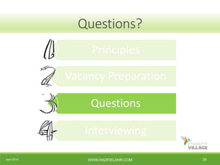 April 2014 WWW.HADFIELDHR.COM 30
Questions?
Principles
Vacancy Preparation
Questions
Interviewing
 