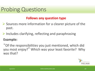 April 2014 WWW.HADFIELDHR.COM 31
Follows any question type
 Sources more information for a clearer picture of the
past.
 Includes clarifying, reflecting and paraphrasing
Example:
“Of the responsibilities you just mentioned, which did
you most enjoy?” Which was your least favorite? Why
was that?
Probing Questions
 
