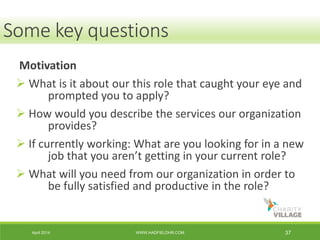 April 2014 WWW.HADFIELDHR.COM 37
Motivation
 What is it about our this role that caught your eye and
prompted you to apply?
 How would you describe the services our organization
provides?
 If currently working: What are you looking for in a new
job that you aren’t getting in your current role?
 What will you need from our organization in order to
be fully satisfied and productive in the role?
Some key questions
 