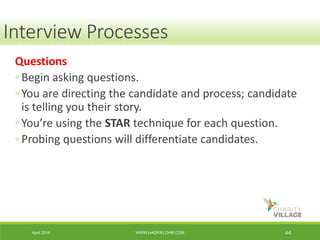 April 2014 WWW.HADFIELDHR.COM 44
Questions
◦ Begin asking questions.
◦ You are directing the candidate and process; candidate
is telling you their story.
◦ You’re using the STAR technique for each question.
◦ Probing questions will differentiate candidates.
Interview Processes
 