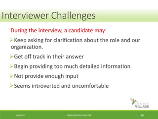 April 2014 WWW.HADFIELDHR.COM 46
During the interview, a candidate may:
Keep asking for clarification about the role and our
organization.
Get off track in their answer
Begin providing too much detailed information
Not provide enough input
Seems introverted and uncomfortable
Interviewer Challenges
 